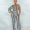 Vendor-unknown JUST IN Humberta Black White Stripes Single Shoulder Jumpsuit