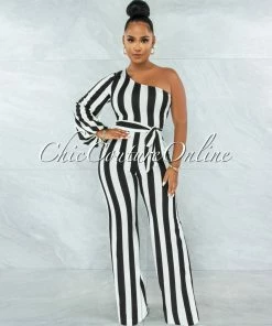 Vendor-unknown JUST IN Humberta Black White Stripes Single Shoulder Jumpsuit