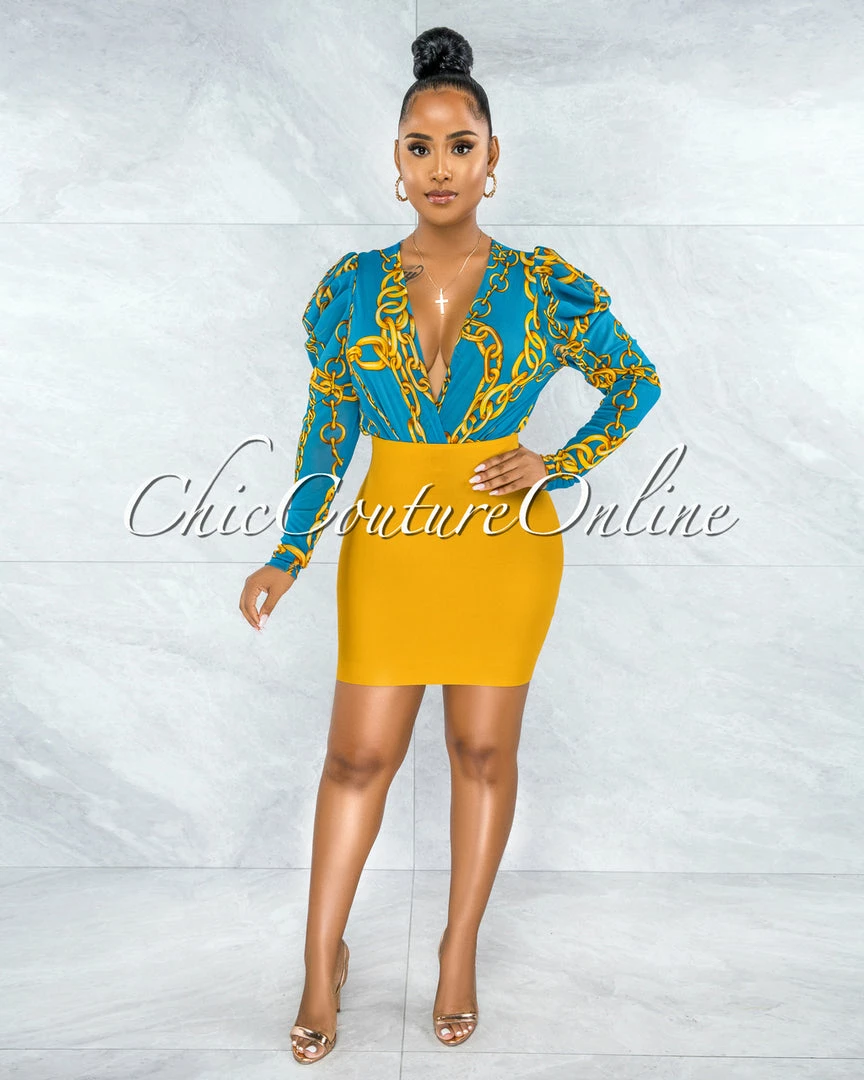 Vendor-unknown JUST IN Darence Mustard Yellow Body-Con Bandage Mini Skirt