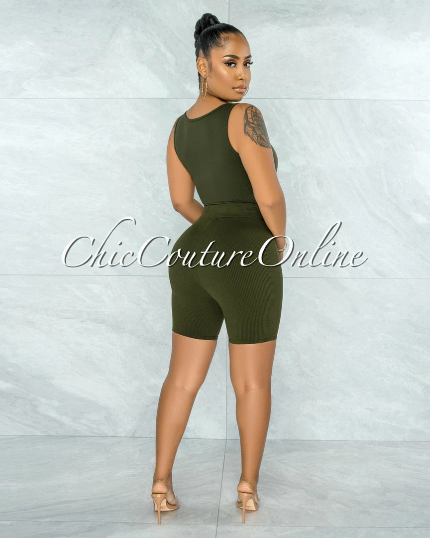 Vendor-unknown JUST IN Rella Olive Green Ribbed Bodysuit & Shorts Set