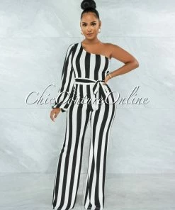 Vendor-unknown JUST IN Humberta Black White Stripes Single Shoulder Jumpsuit