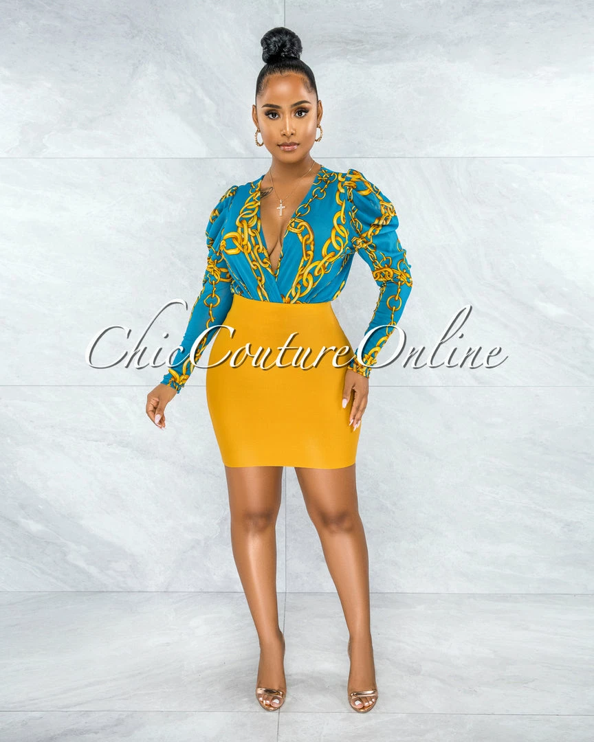 Vendor-unknown JUST IN Darence Mustard Yellow Body-Con Bandage Mini Skirt