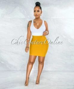 Vendor-unknown JUST IN Darence Mustard Yellow Body-Con Bandage Mini Skirt