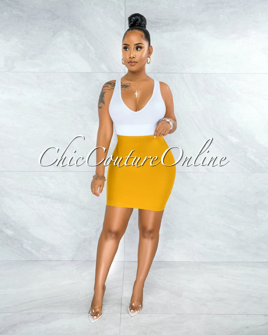 Vendor-unknown JUST IN Darence Mustard Yellow Body-Con Bandage Mini Skirt