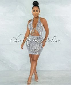 Vendor-unknown Crisanto Silver Sequins Lace-Up Front Halter Dress