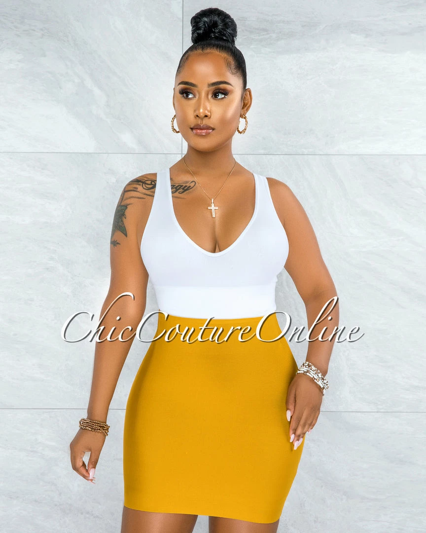Vendor-unknown JUST IN Darence Mustard Yellow Body-Con Bandage Mini Skirt