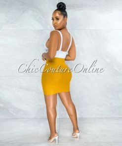Vendor-unknown JUST IN Darence Mustard Yellow Body-Con Bandage Mini Skirt