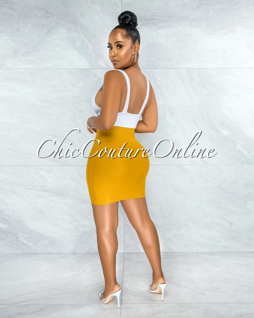 Vendor-unknown JUST IN Darence Mustard Yellow Body-Con Bandage Mini Skirt
