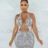 Vendor-unknown Crisanto Silver Sequins Lace-Up Front Halter Dress