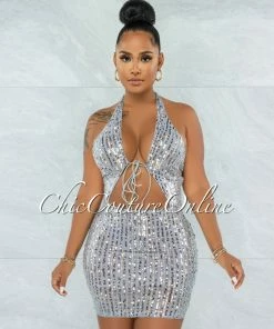 Vendor-unknown Crisanto Silver Sequins Lace-Up Front Halter Dress