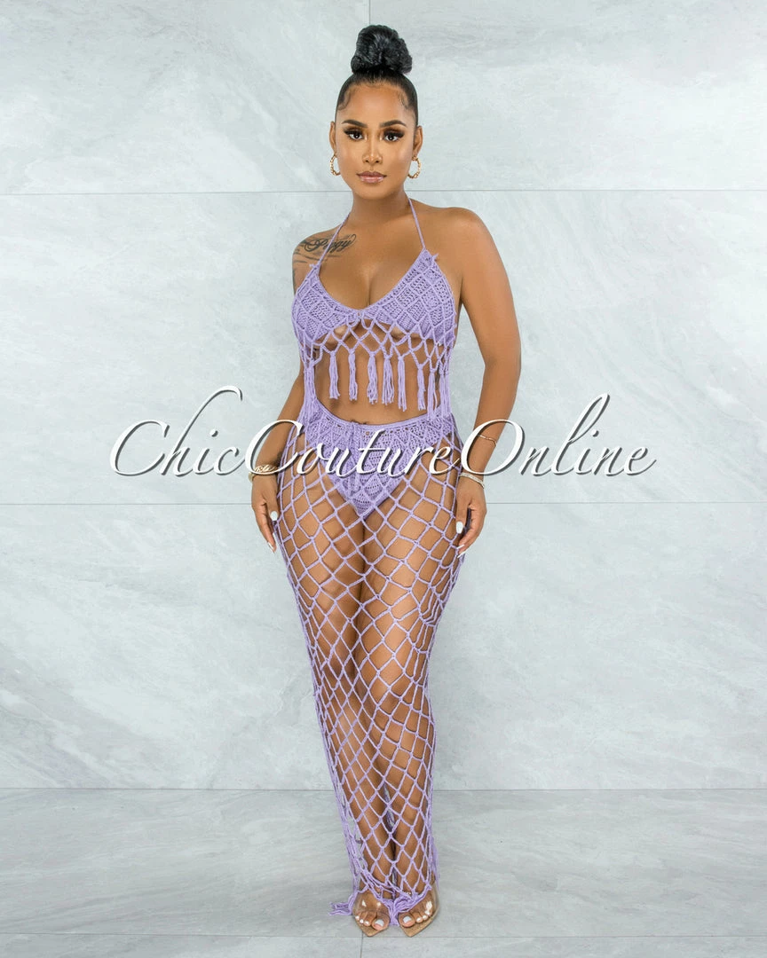 Vendor-unknown SWIM Rojas Lilac Crochet Cover-Up Fishnet Set