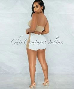 Vendor-unknown Cowrie White Nude Mesh Rhinestones Blazer & Shorts Three Piece Set