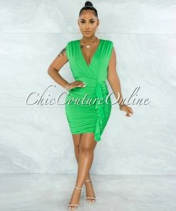 Vendor-unknown Gyula Kelly Green Ruched Sides Ruffle Dress