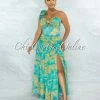 Vendor-unknown Maile Green Yellow Print Ruffle Single Shoulder Maxi Skirt Set JUST IN
