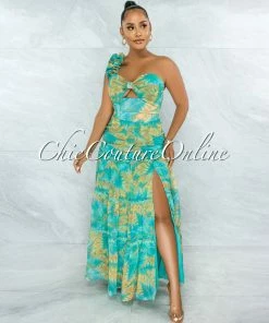 Vendor-unknown Maile Green Yellow Print Ruffle Single Shoulder Maxi Skirt Set JUST IN