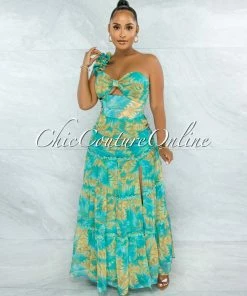 Vendor-unknown Maile Green Yellow Print Ruffle Single Shoulder Maxi Skirt Set JUST IN