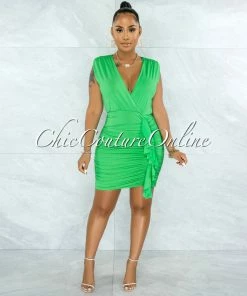 Vendor-unknown Gyula Kelly Green Ruched Sides Ruffle Dress