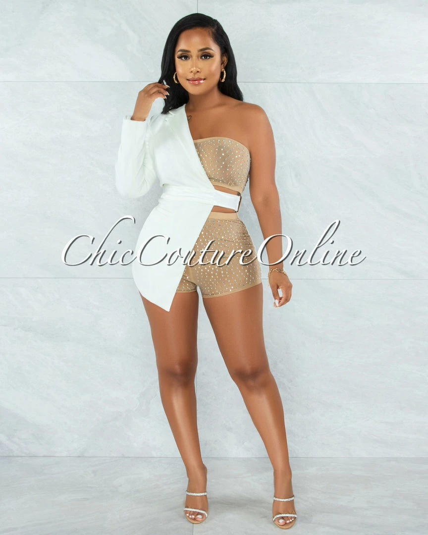 Vendor-unknown Cowrie White Nude Mesh Rhinestones Blazer & Shorts Three Piece Set