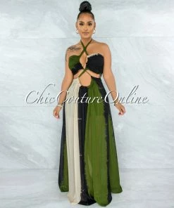 Vendor-unknown Marnin Cream Olive Black Cut-Out Maxi CURVACEOUS Dress