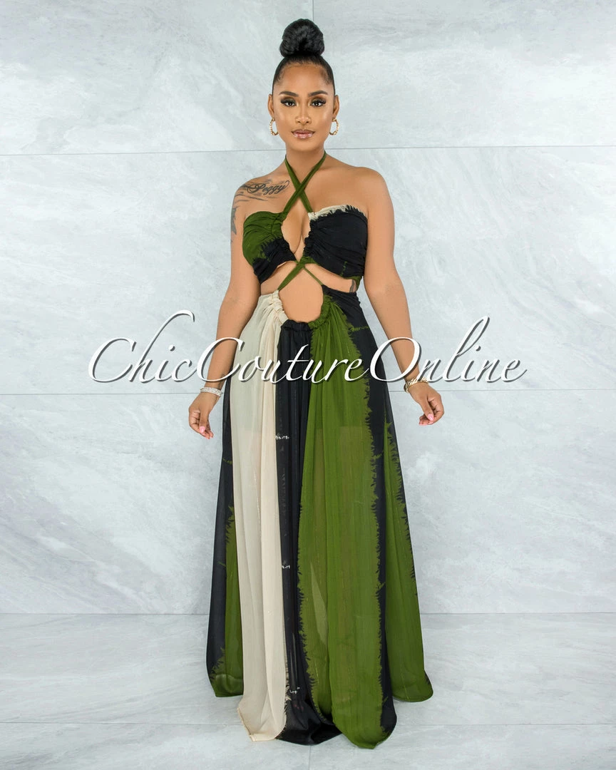 Vendor-unknown Marnin Cream Olive Black Cut-Out Maxi CURVACEOUS Dress