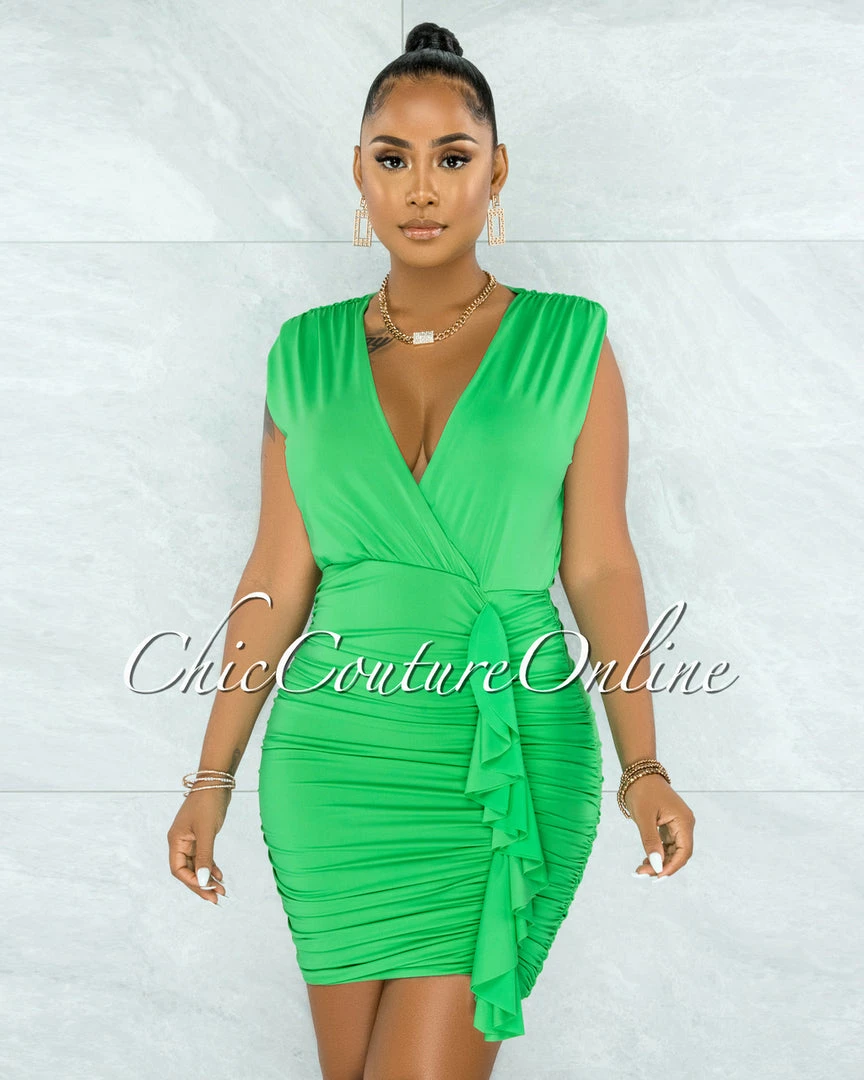 Vendor-unknown Gyula Kelly Green Ruched Sides Ruffle Dress