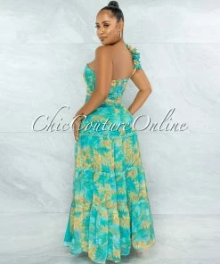 Vendor-unknown Maile Green Yellow Print Ruffle Single Shoulder Maxi Skirt Set JUST IN