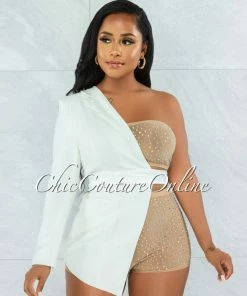 Vendor-unknown Cowrie White Nude Mesh Rhinestones Blazer & Shorts Three Piece Set