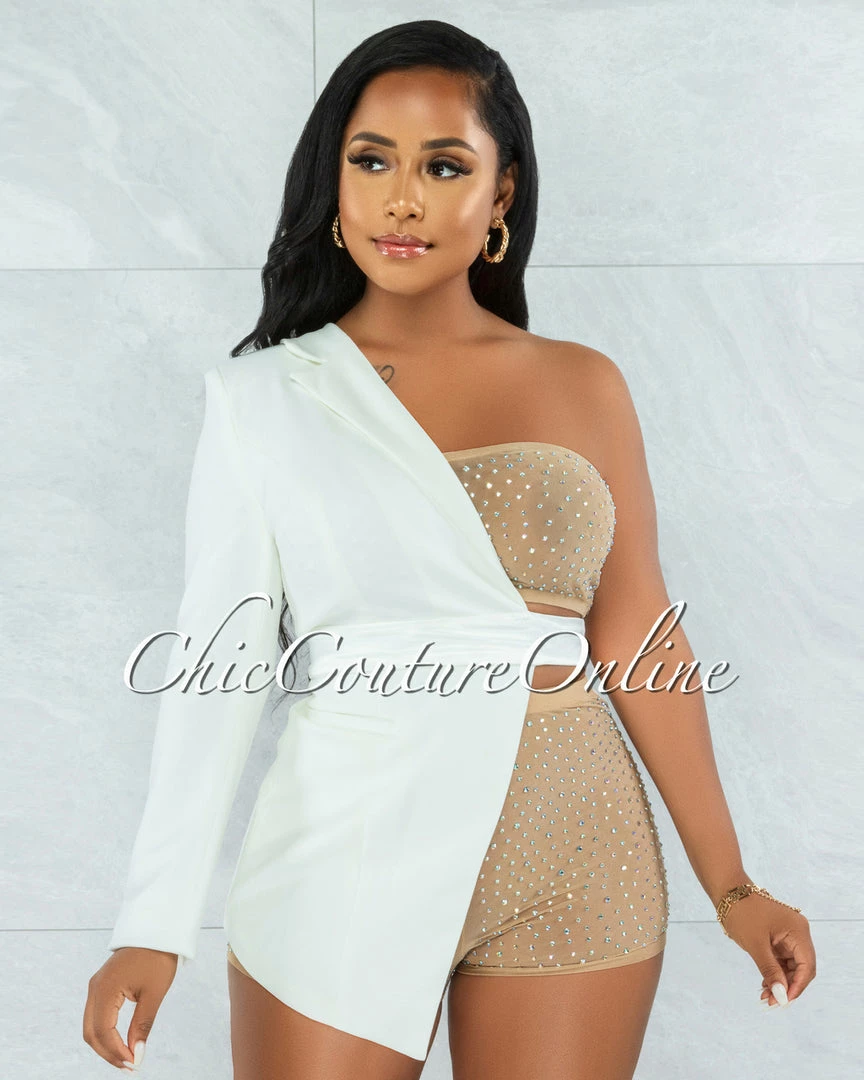Vendor-unknown Cowrie White Nude Mesh Rhinestones Blazer & Shorts Three Piece Set