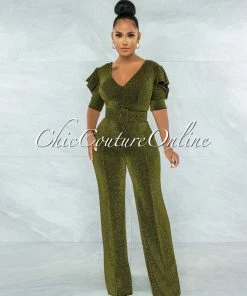 Vendor-unknown JUST IN Venus Black Gold Shimmer Ruffle Sleeves Belted Jumpsuit
