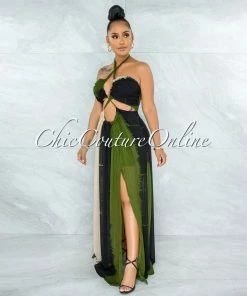 Vendor-unknown Marnin Cream Olive Black Cut-Out Maxi CURVACEOUS Dress