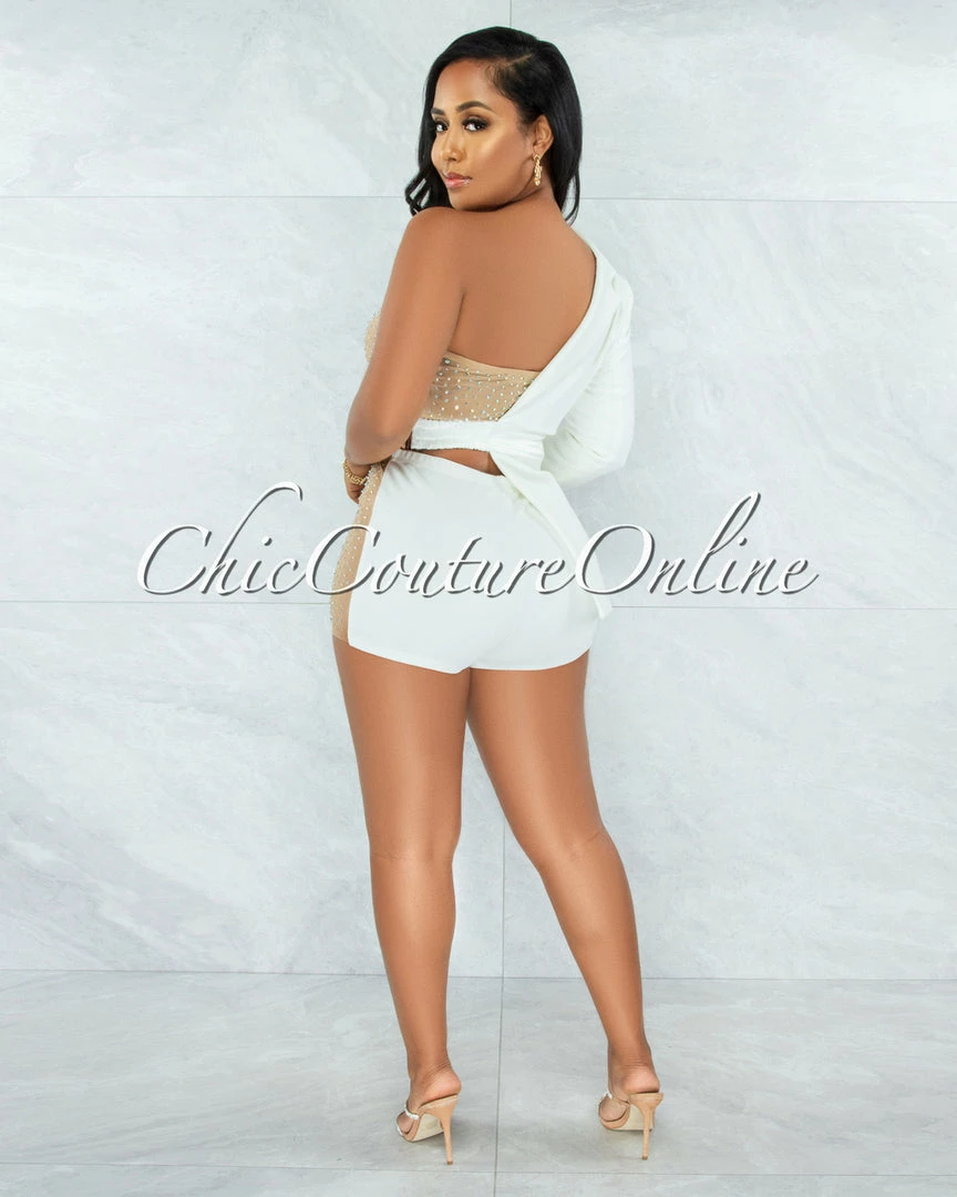 Vendor-unknown Cowrie White Nude Mesh Rhinestones Blazer & Shorts Three Piece Set
