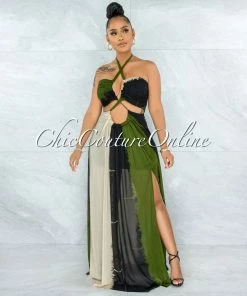 Vendor-unknown Marnin Cream Olive Black Cut-Out Maxi CURVACEOUS Dress