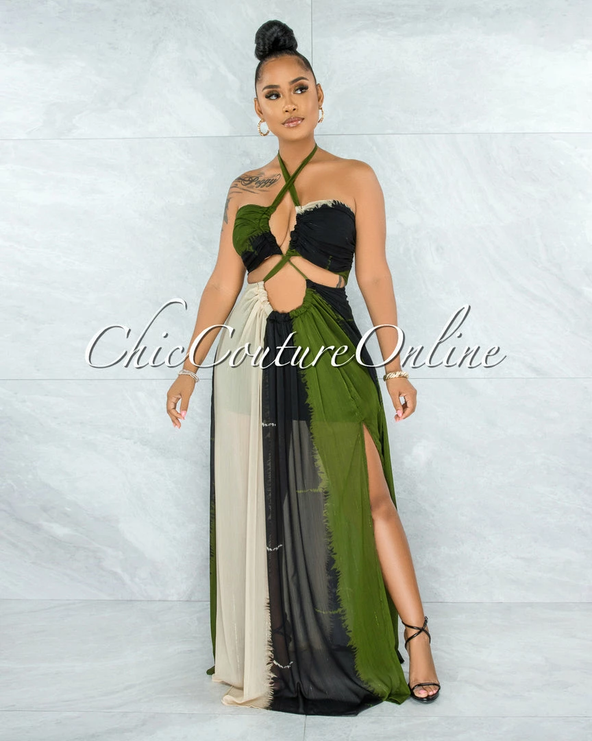 Vendor-unknown Marnin Cream Olive Black Cut-Out Maxi CURVACEOUS Dress