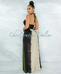 Vendor-unknown Marnin Cream Olive Black Cut-Out Maxi CURVACEOUS Dress