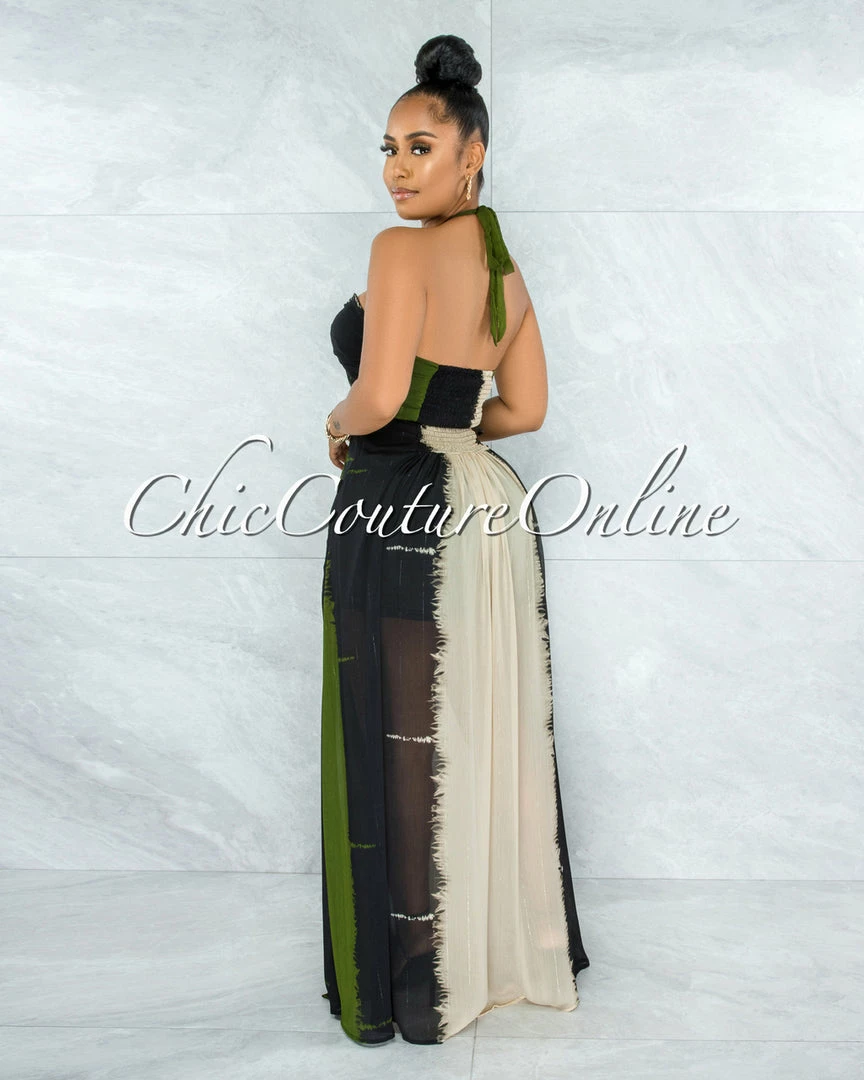 Vendor-unknown Marnin Cream Olive Black Cut-Out Maxi CURVACEOUS Dress