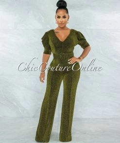 Vendor-unknown JUST IN Venus Black Gold Shimmer Ruffle Sleeves Belted Jumpsuit
