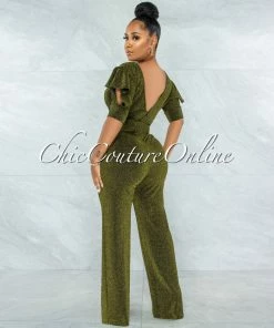 Vendor-unknown JUST IN Venus Black Gold Shimmer Ruffle Sleeves Belted Jumpsuit