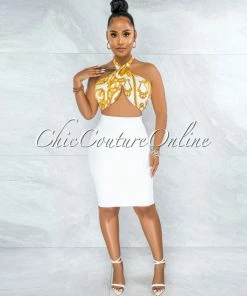 Vendor-unknown Gilboa White Gold Chain Print Multi-Way Halter Crop Top