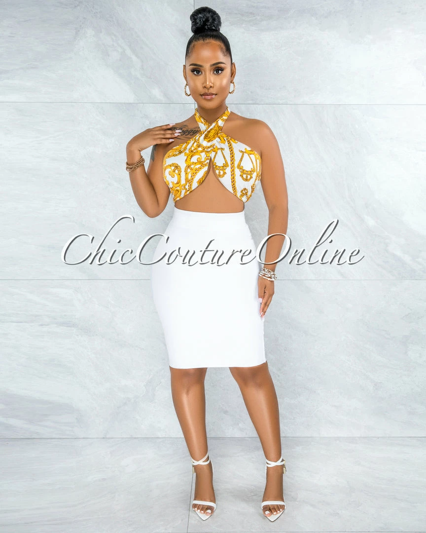 Vendor-unknown Gilboa White Gold Chain Print Multi-Way Halter Crop Top