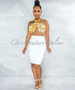 Vendor-unknown Gilboa White Gold Chain Print Multi-Way Halter Crop Top