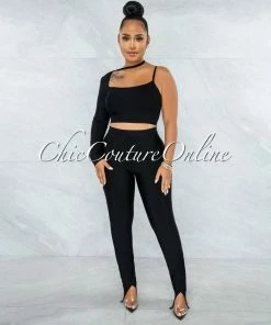 Vendor-unknown Aida Black Single Sleeve Top & Pants Bandage Set JUST IN