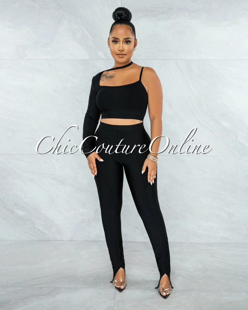 Vendor-unknown Aida Black Single Sleeve Top & Pants Bandage Set JUST IN