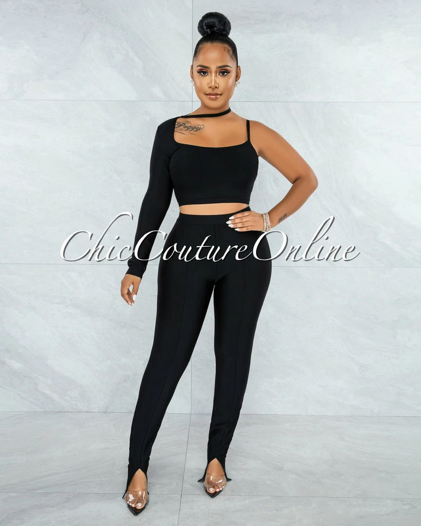 Vendor-unknown Aida Black Single Sleeve Top & Pants Bandage Set JUST IN