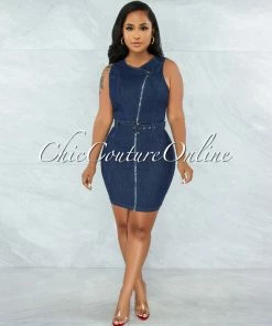 Vendor-unknown Pebbles Dark Denim Front Silver Zipper Belted Dress