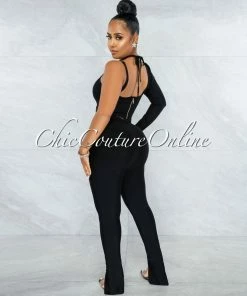 Vendor-unknown Aida Black Single Sleeve Top & Pants Bandage Set JUST IN