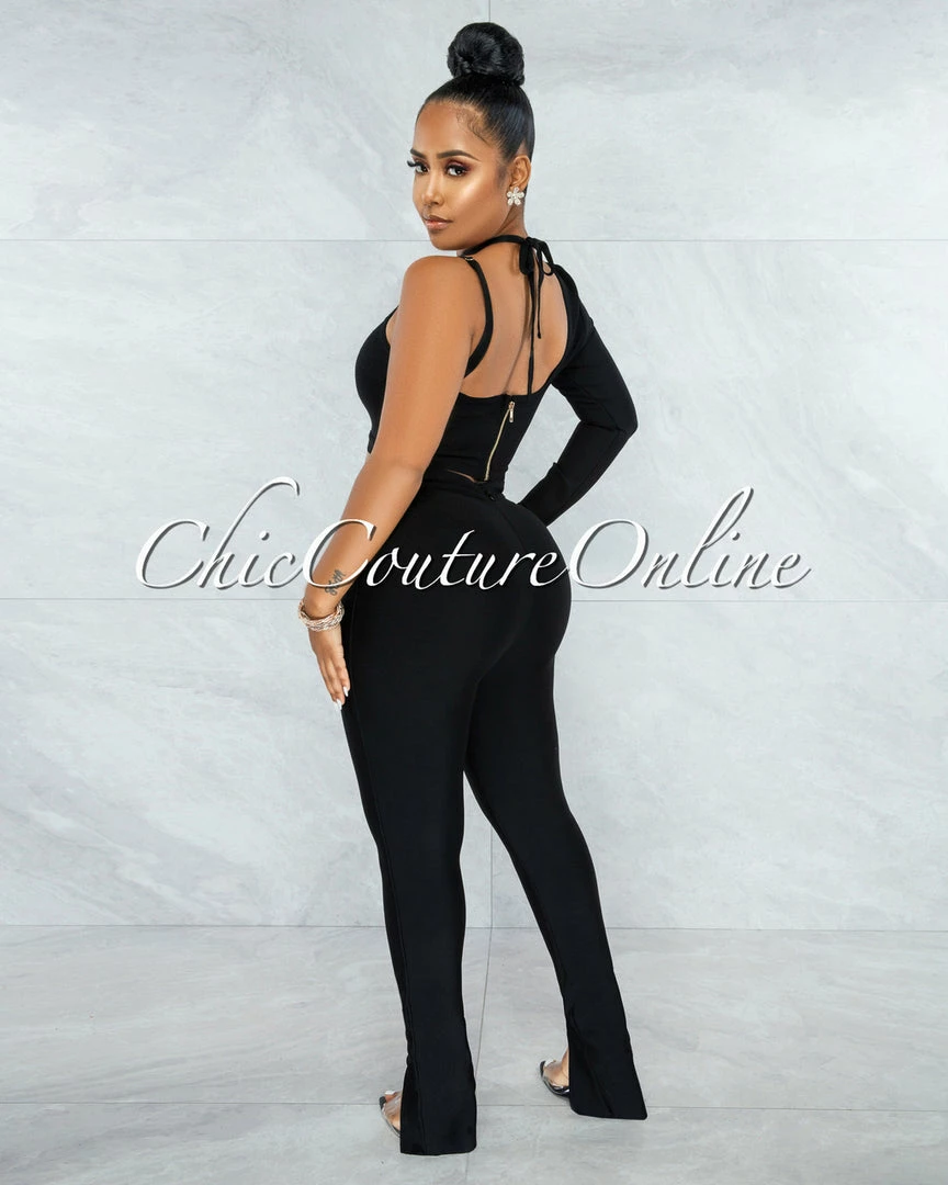Vendor-unknown Aida Black Single Sleeve Top & Pants Bandage Set JUST IN