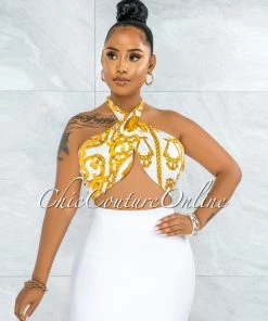 Vendor-unknown Gilboa White Gold Chain Print Multi-Way Halter Crop Top