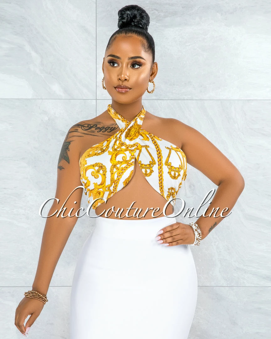 Vendor-unknown Gilboa White Gold Chain Print Multi-Way Halter Crop Top