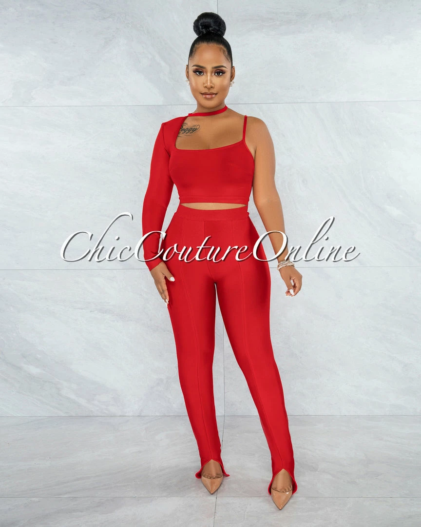 Vendor-unknown Aida Red Single Sleeve Top & Pants Bandage Set