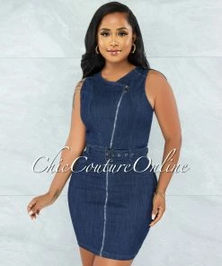 Vendor-unknown Pebbles Dark Denim Front Silver Zipper Belted Dress
